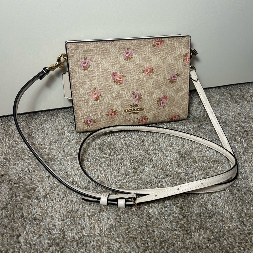 Coach Beige Slim Crossbody Bag with Pink Floral